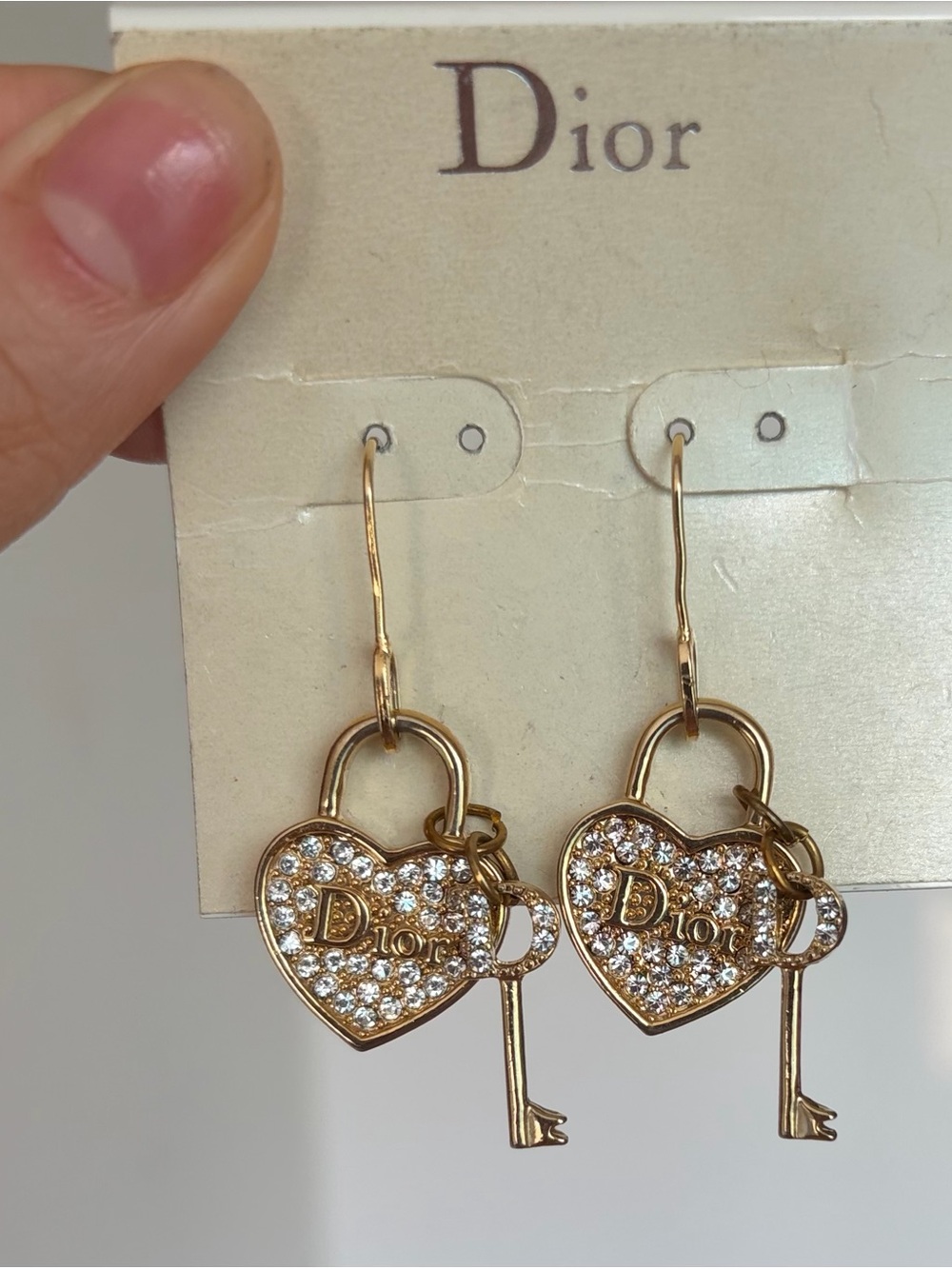 AUTHENTIC Vintage Dior Gold Heart & Key Crystal Drop Earrings